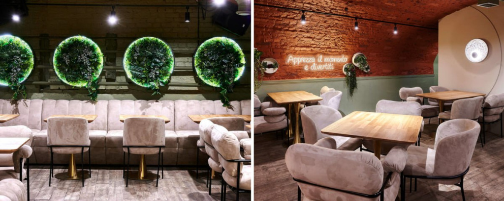неоновые надписи на стенах, кресла обтекаемых форм, зелёные панно с подсветкой